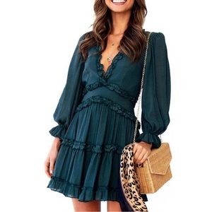 Forest Green Dress w/ Ruffles Sleeves Sz Small